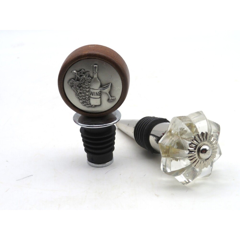 Vintage Wine Bottle Stoppers Lot 2 Wood Metal Pewter Grapes Crystal Glass Knob